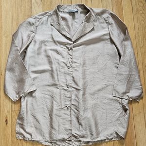 Go Silk Womens Top S Lagenlook Relaxed Button Front Champagne Satin Crinkle Flaw